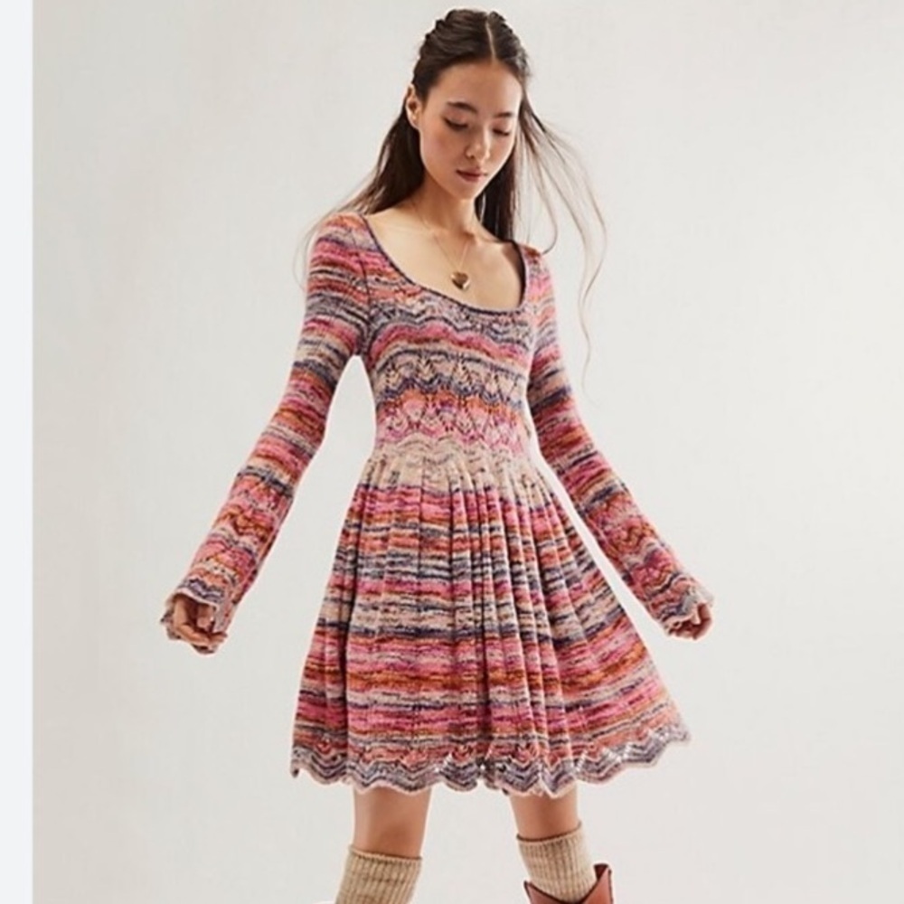 New FREE PEOPLE NWOT Pandora Pointelle Knit Long Sleeve Mini Dress